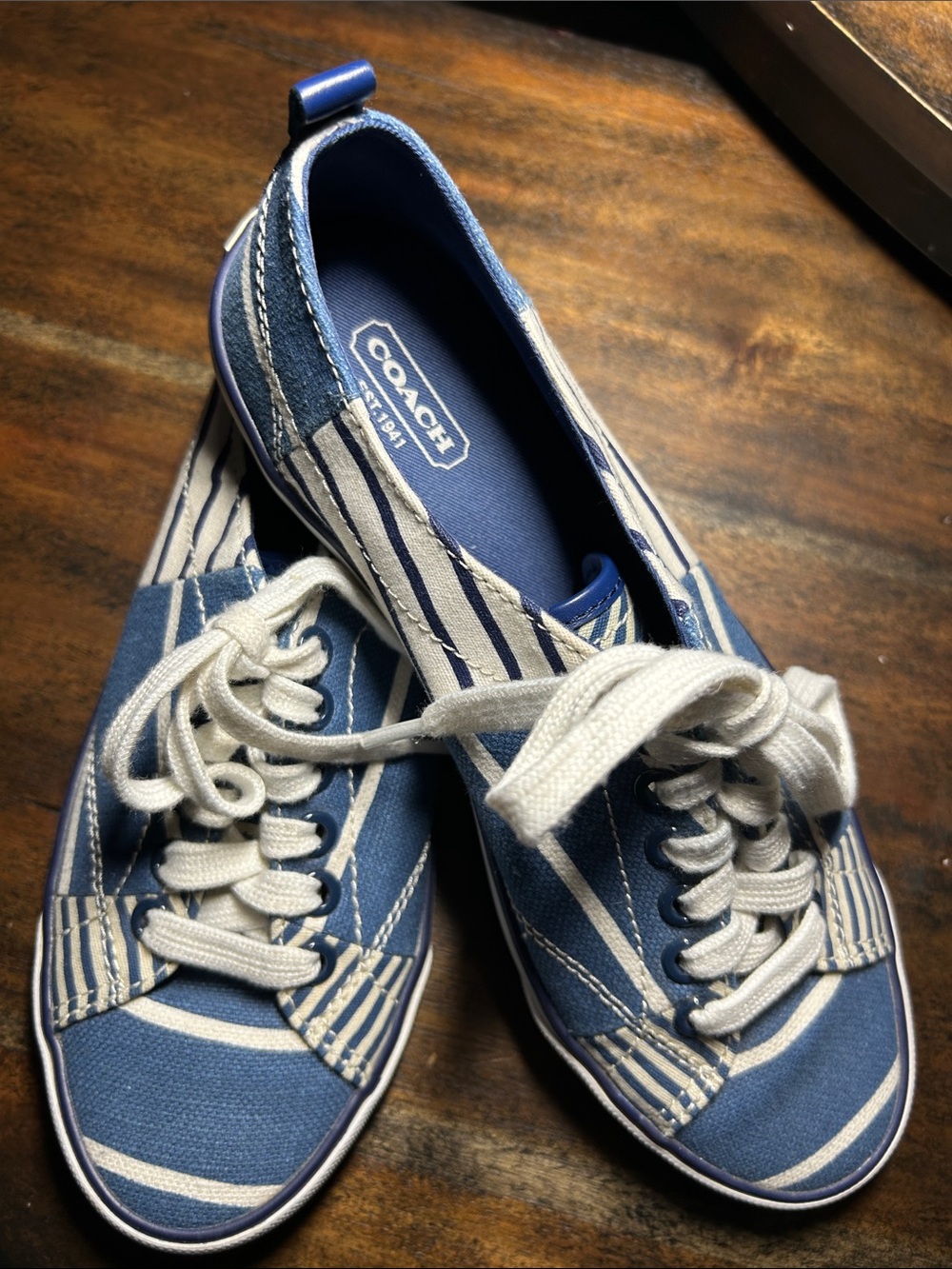 Coach Blue and White Striped Canvas Sneakers for Women Size 7 1/2